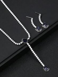 1 套 4 件时尚蓝色锆石项链、耳环、手链首饰套装，适合新娘婚礼仪式、订婚派对、女士生日礼物 - 長方 - 查看 4