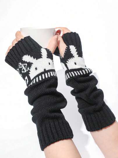 1 Pair Rabbit Head Casual Cute Acrylic Jacquard Fingerless Gloves, Warm For Office, Computer, Writing, Autumn/Winter, Fashion Arm Warmers For JK Style Girls
