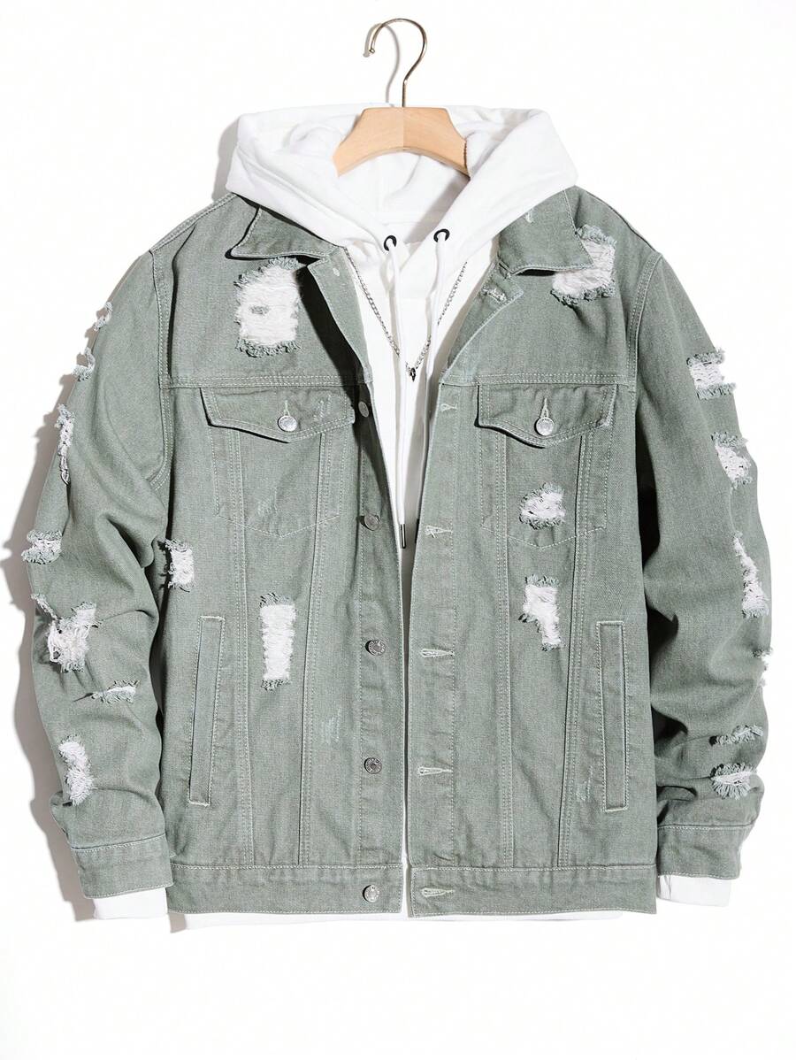 Men Casual Ripped Washed Denim Jacket, Minimalist Design, Autumn - Green - View 1