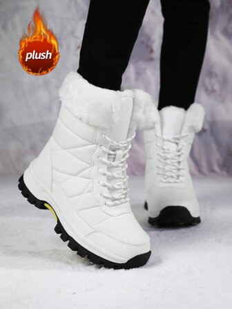 Women's Snow Boots, New Arrival Autumn/Winter High-Top Mid-Calf Lace-Up Comfortable Thick-Soled Anti-Slip Durable Versatile Solid Black Short Boots, Suitable For Young Women, Fashionable Outdoor Hiking Trekking, Warm Plush Lining, Waterproof Leather Upper