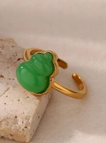 1 件装女士绿色葫芦戒指金色不锈钢几何开口葫芦戒指婚礼圣诞节奢华珠宝礼物 - 彩色 - 查看 4