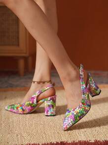 多色性感条纹高跟鞋尖头时尚韩版时尚丝带绑带粗跟优雅女士高跟鞋 - 彩色 - 查看 5