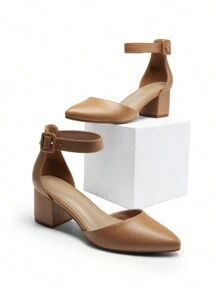 Women Low Chunky Heels Classic Pumps Pointed Toe Ankle Strap Elegant Versatile Simple Weddings Work Shoes - 杏色 - 查看 6