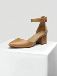 Women Low Chunky Heels Classic Pumps Pointed Toe Ankle Strap Elegant Versatile Simple Weddings Work Shoes - 杏色 - 查看 7