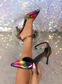 清仓渐变色皮革性感尖头细高跟一脚蹬高跟鞋，紫红色封闭式低跟粗跟穆勒鞋，新款亮面皮革后带休闲女士凉鞋，时尚派对度假 - 彩色 - 查看 3