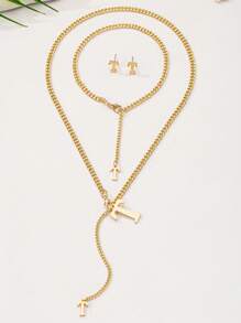 1 套 2024 流行时尚金属链 26 字母项链、手链和耳环首饰套装，适合女性日常佩戴的百搭配饰 - 金色 - 查看 91