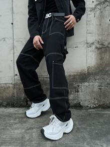 Calça Denim Cargo Casual com Botões na Frente e Bolso Masculina Simples - Preto - Visão 4