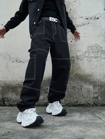 男式简约休闲前扣口袋牛仔工装裤