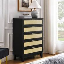 Bedroom 5 Drawer Dresser, Rattan Dresser Modern Wooden Chest Of Drawers With Spacious Storage Space For Bedroom Hallway Living Room - màu đen - Xem 2