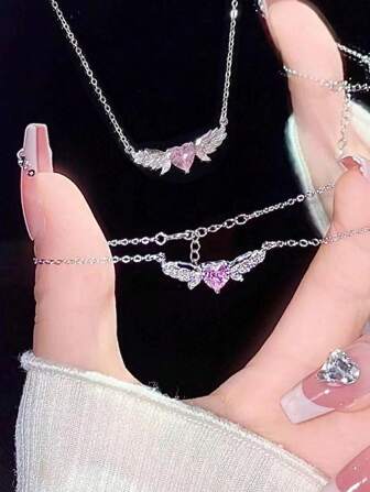 2st 1 halsband 1 armband Y2K rostfritt stål Rosa ängelvinge halsband för kvinnor, älskling nyckelbenskedja, dagliga tillbehör Valentines