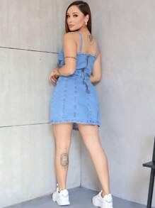 Women's Denim Dress With Straps - 中等水洗藍 - 查看 4