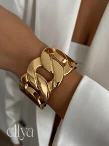 1pc Vintage Fashionable Asymmetrical Hollow Metal Cuff Bracelet, Exaggerated Chic Wide Face Thick Gold & Silver Mirror Surface Bracelet, Women Simple High-Quality Double-Sided Spring Wrist Bracelet, Multi-Functional Stackable Jewelry, Chunky Jewelry, Suitable For Daily Decor, Party And Banquet Jewelry, Holiday Gift Jewelry