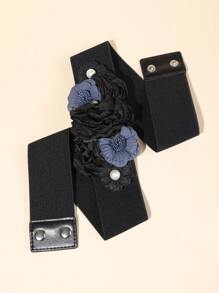 1pc Women Elastic Waist Belt With Faux Lace & Faux Pearl Flower Decor, Vacation Inspired Summer, School Fall, Autumn, Halloween