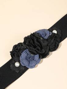 1pc Women Elastic Waist Belt With Faux Lace & Faux Pearl Flower Decor, Vacation Inspired Summer, School Fall, Autumn, Halloween
