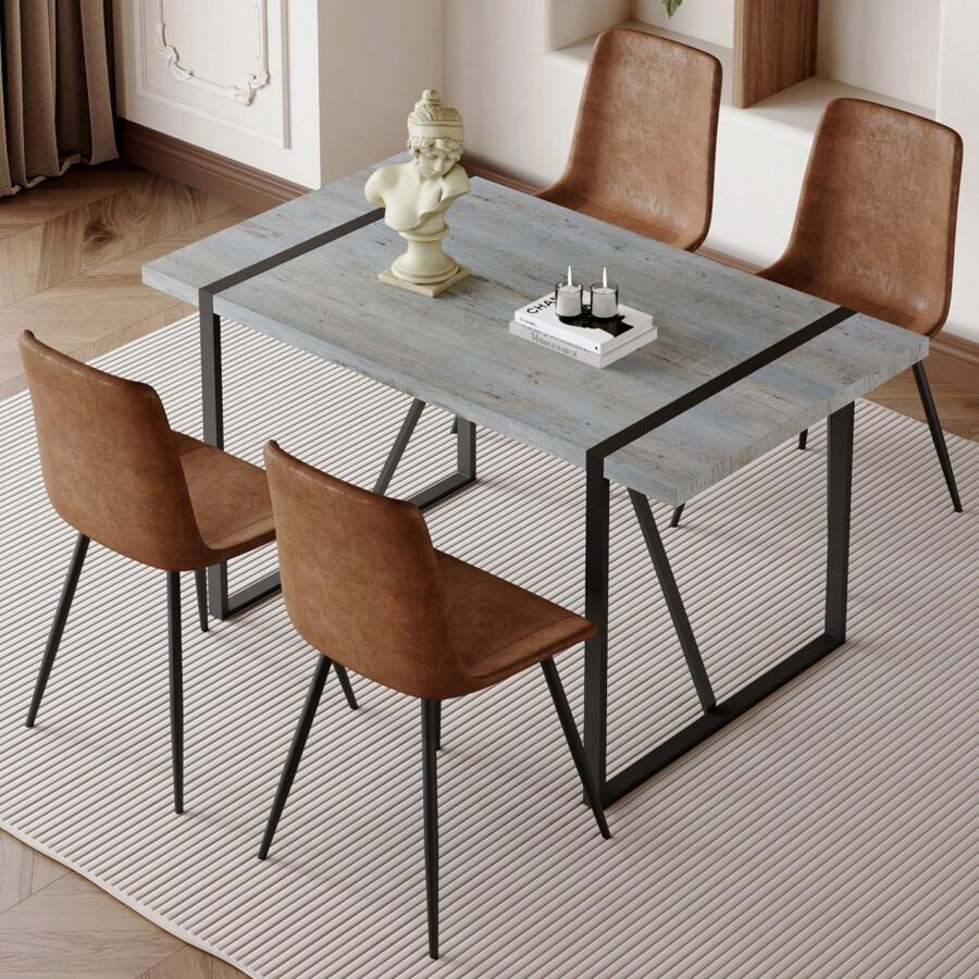 Table And Chair Set. Modern Minimalist Grey Marble Textured MDF Dining