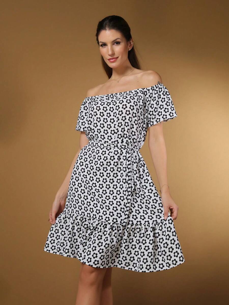 Short Crepe Dress With Floral Print And Fabric Belt, Light Round  Style With Short Sleeves M-6 - trắng - Xem 1