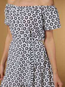 Short Crepe Dress With Floral Print And Fabric Belt, Light Round  Style With Short Sleeves M-6 - trắng - Xem 3
