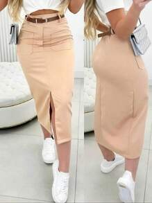 Classic And Versatile: Black Midi Skirt With Belt For Powerful Looks! - 米色 - 查看 1