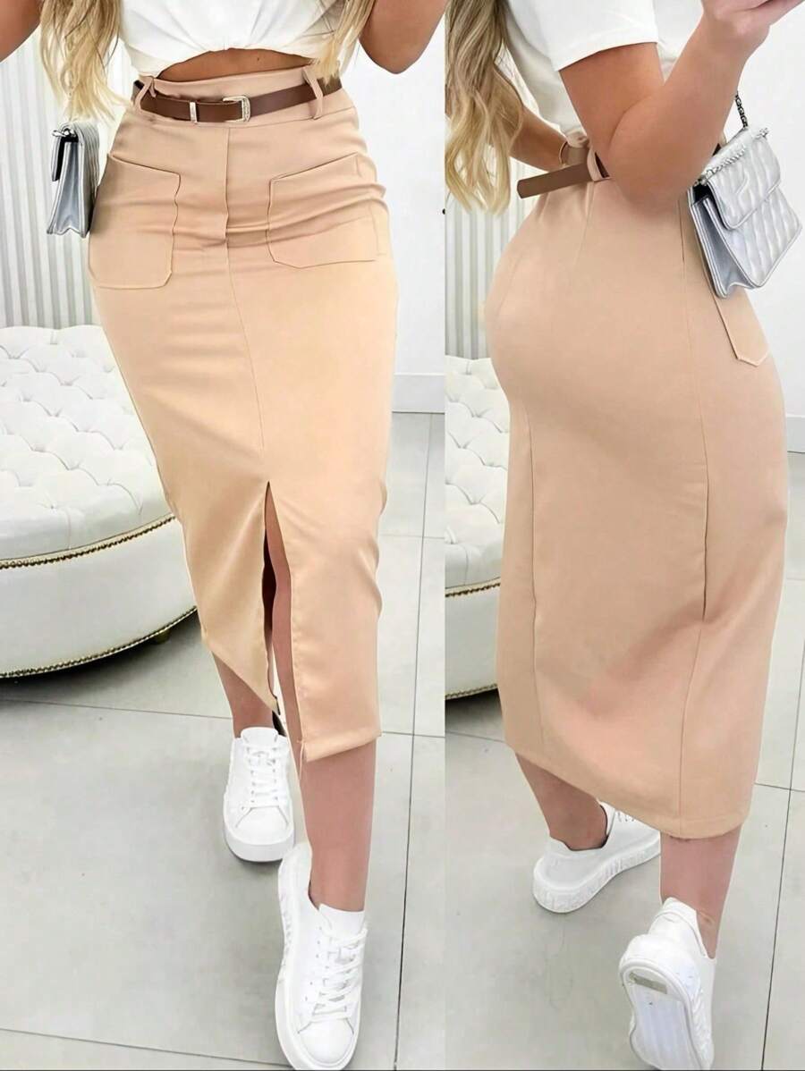 Classic And Versatile: Black Midi Skirt With Belt For Powerful Looks! - 米色 - 查看 1