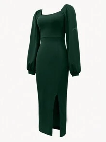 Fashionable High Slit Lantern Sleeve Long Dress For Women