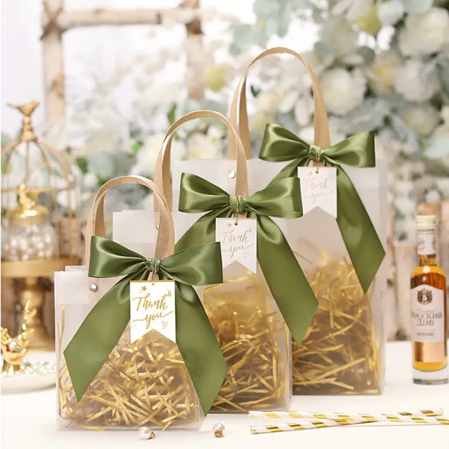 1/5pcs Ribbon Decor PVC Gift Bags, Gift Packaging Bags, Wedding Party Birthday Gift, Mother's Day Packaging Bags, Christmas Gift