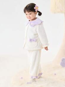 Balabala Girls' Sleepwear Set, Winter Warm Children's Loungewear, Coral Fleece for Toddlers to Big Kids, Petal Collar - 白色 - 查看 6
