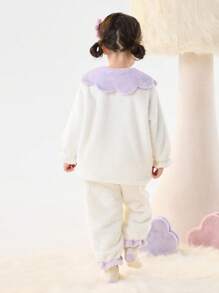 Balabala Girls' Sleepwear Set, Winter Warm Children's Loungewear, Coral Fleece for Toddlers to Big Kids, Petal Collar - 白色 - 查看 5