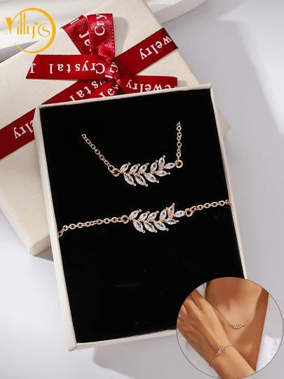 2pcs Leaf Flowers Heart Sun Ziconia Bracelet Necklace Set, Elegant Jewelry Gift Set With Box, Bridal Gift, Lover Gift, Gift For Mom,Christmas Gift Box, Birthday Gift