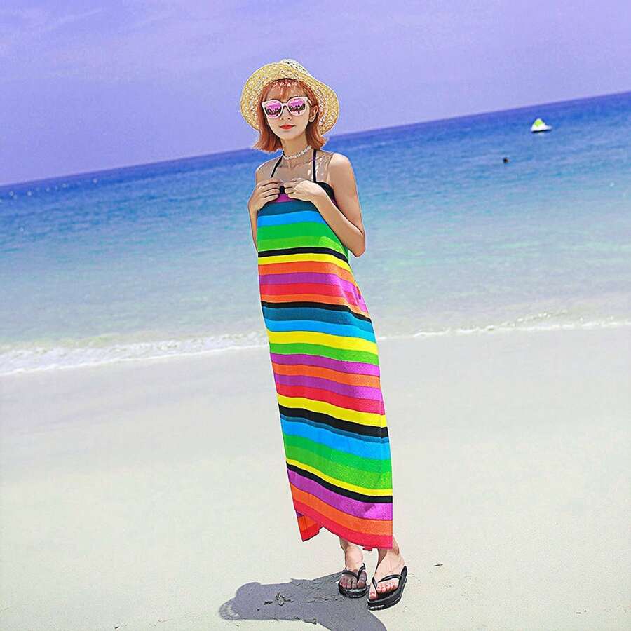 Striped Extra Large Microfibre Lightweight Beach Towel Quick Dry Travel Towel - Multicolor - View 1