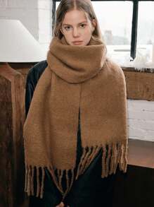 1 chiếc khăn choàng tua rua lông cho nữ, ấm áp và thoải mái khi mặc ngoài trời và hàng ngày, mùa thu/đông - cà phê - Xem 5