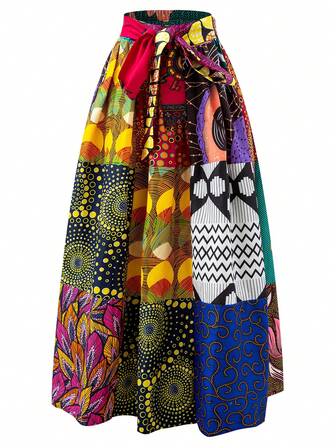 African Mix Ankara Print Vacation Long Skirt Random Print