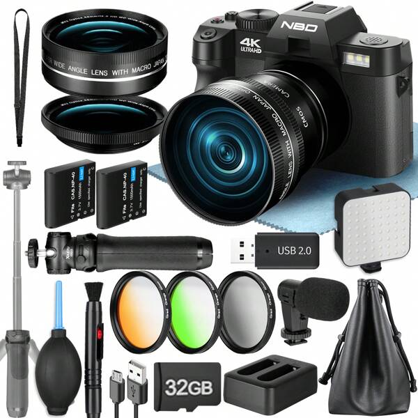 Cámara digital 4K NBD para fotografía, 48MP cámara vlog con micrófono, WiFi y agarre de trípode, cámara de vídeo con objetivo gran angular y macro, kit de creador de contenido y cámara de viaje (negro)