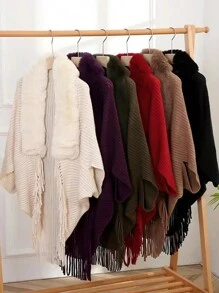 1PC Khăn choàng mềm mại sang trọng cho phụ nữ thanh lịch cổ lông chồn giả khăn choàng quấn áo len dệt kim áo choàng có viền tua rua ấm áp hở phía trước cho phụ kiện trang trí ngoài trời cuối tuần thường ngày phong cách trưởng thành - khăn choàng dệt kim có cổ lông - Xem 8