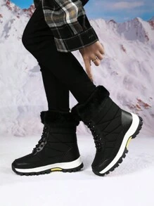 女士户外休闲运动靴，系带高帮保暖雪地靴踝靴中筒冬季鞋 - 黑色 - 查看 1
