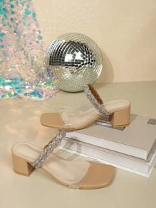 女士加大码豹纹水钻装饰带粗跟露趾凉鞋，休闲适合户外、海滩、派对、居家聚会，防滑且舒适 - 香檳色 - 查看 8