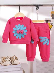 女婴向日葵运动衫和口袋运动裤休闲两件套，春秋