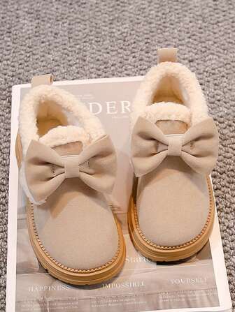 Kids Cute Bow Decor Fluffy Lining Pull-On Short Boots, Simple Design, Suitable For Outdoor Winter