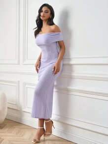 PARTHEA Off Shoulder Ruched Bodycon Long Dress - Purple - View 6
