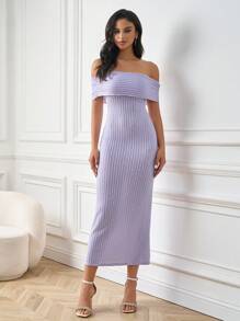 PARTHEA Off Shoulder Ruched Bodycon Long Dress - Purple - View 3
