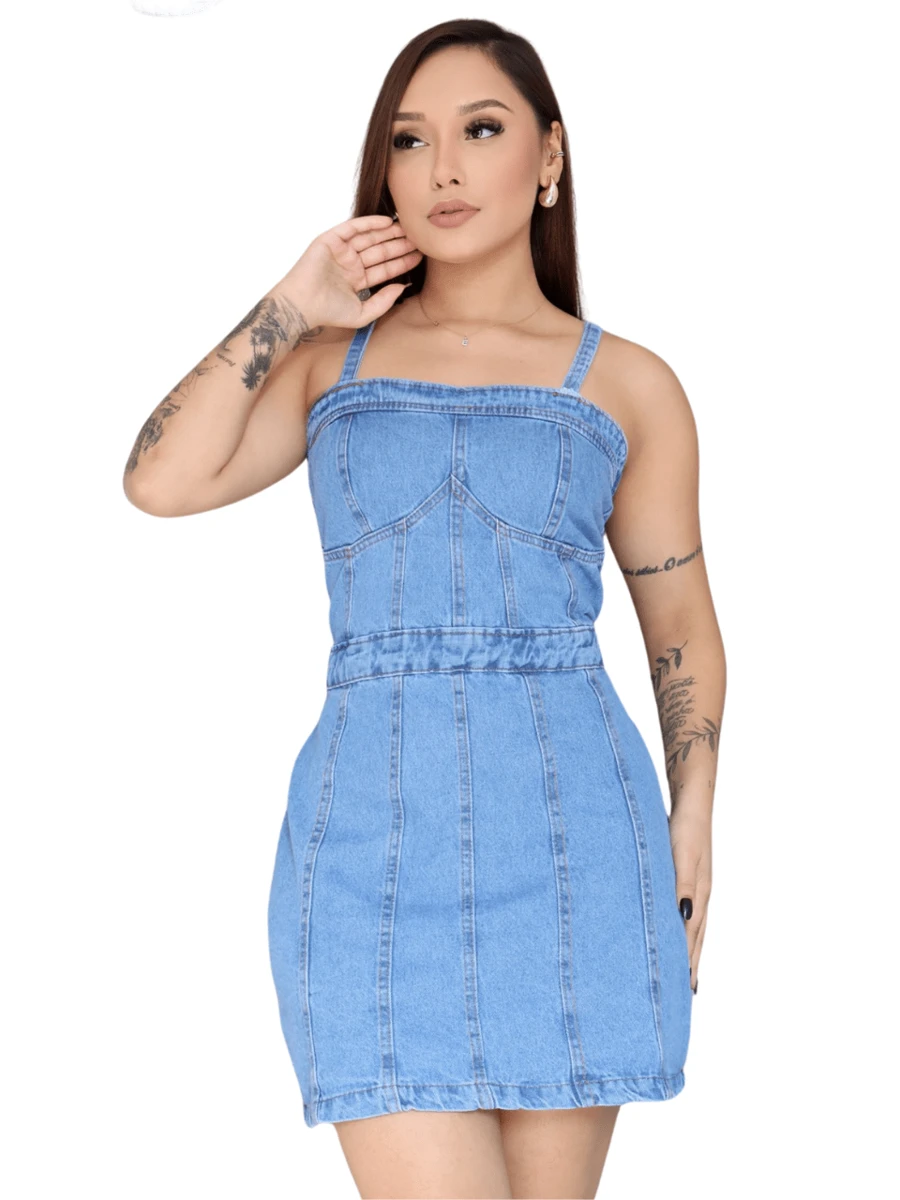 Women's Denim Dress With Straps - 中等水洗藍 - 查看 1