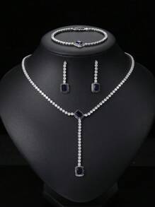 1 套 4 件时尚蓝色锆石项链、耳环、手链首饰套装，适合新娘婚礼仪式、订婚派对、女士生日礼物 - 長方 - 查看 1