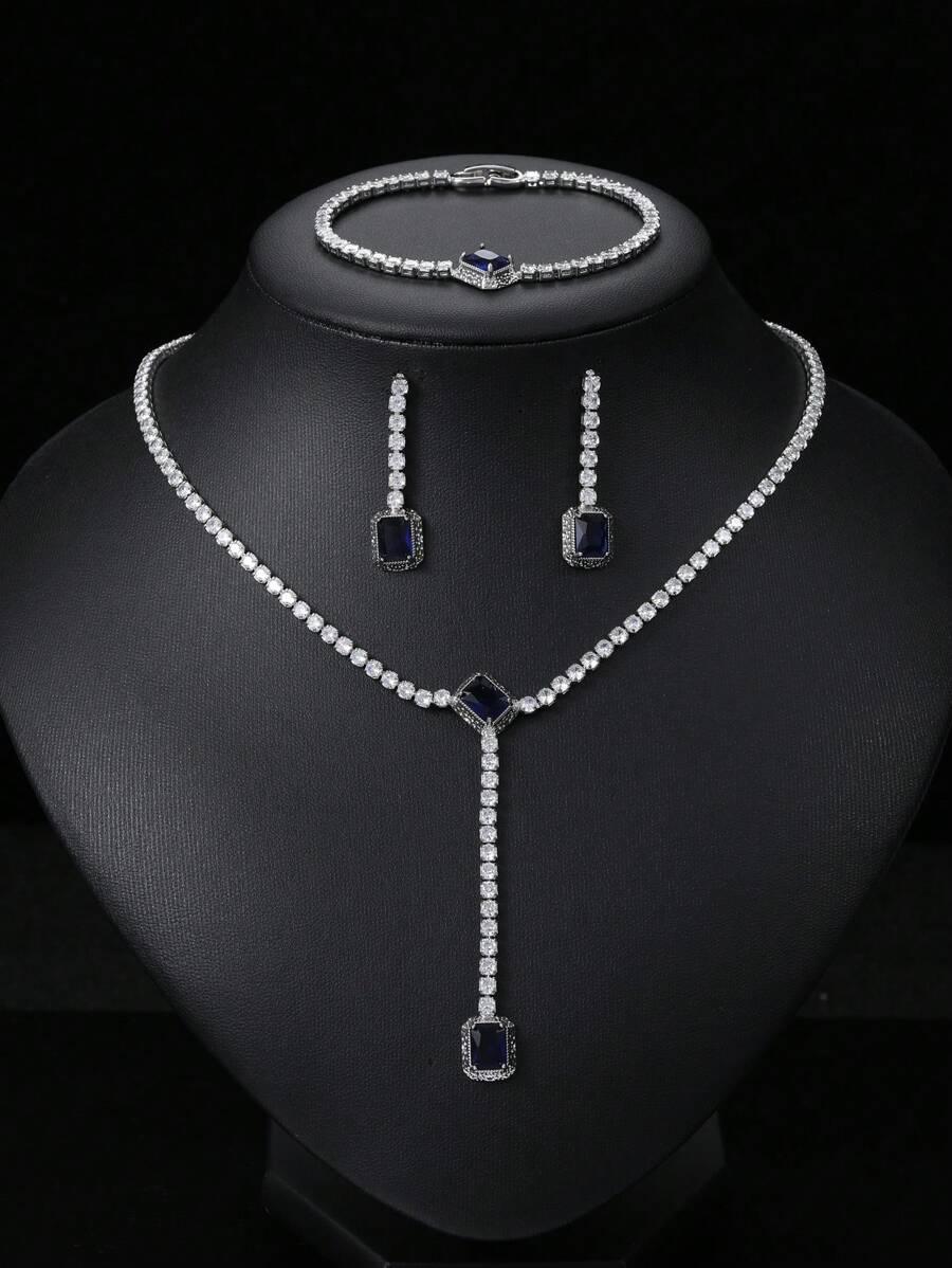 1 套 4 件时尚蓝色锆石项链、耳环、手链首饰套装，适合新娘婚礼仪式、订婚派对、女士生日礼物 - 長方 - 查看 1