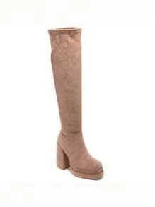 Bottes noires hautes jusqu'aux genoux pour femmes avec un talon épais, - Kaki - Voir 4