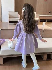 Young Girl' Fashionable Purple Houndstooth Knitted Dress, Autumn/Winter