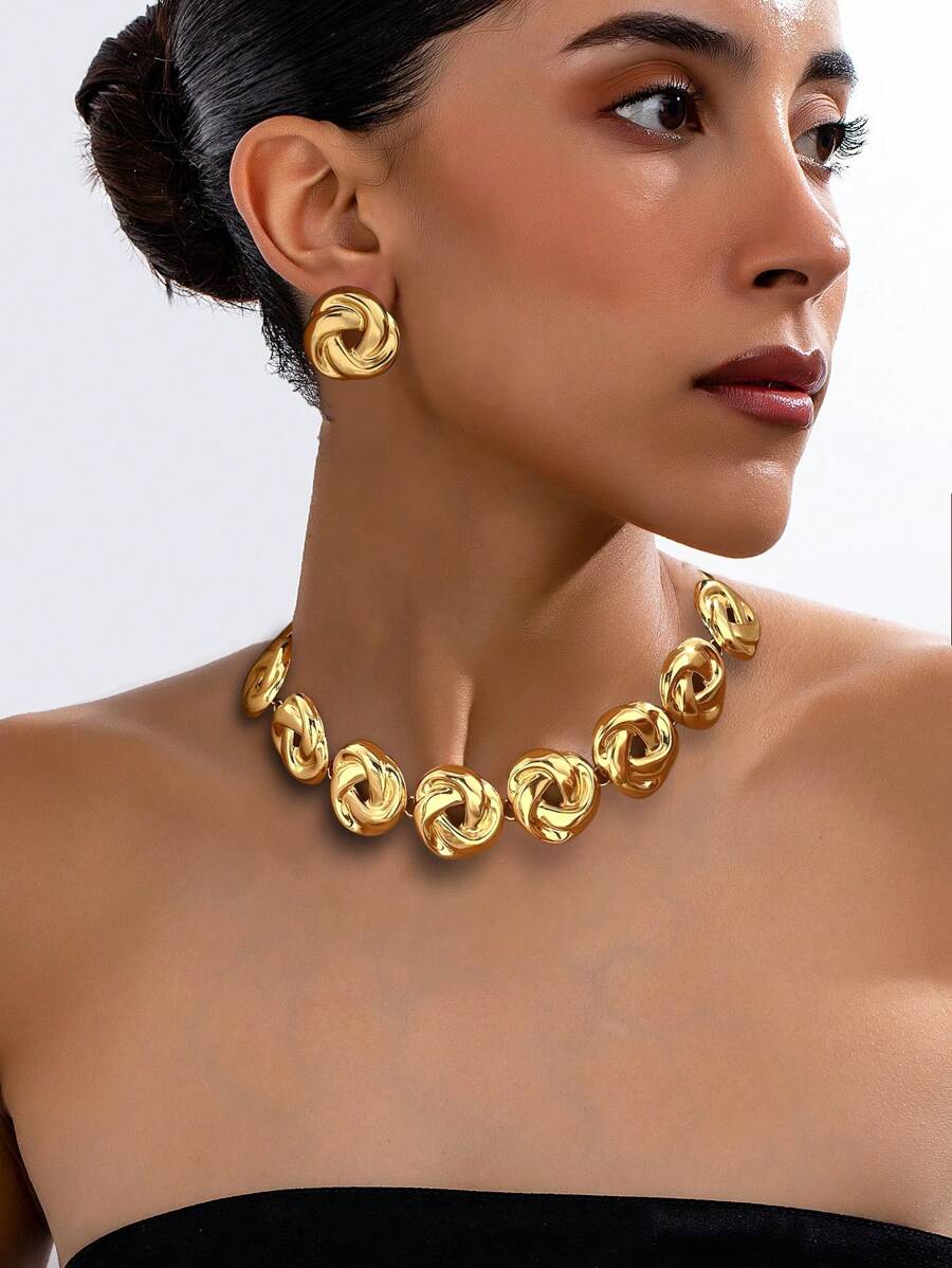 1 Set Of 3pcs Metal Flower Necklace & Earrings Jewelry Set For Women, Fashionable For Party, Banquet, Wedding, Versatile Valentines