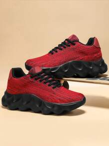 透气网眼休闲时尚运动鞋厚底运动鞋男士潮流鞋 - 紅色 - 查看 4