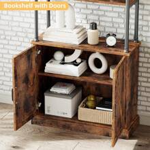 Tall Bookshelf With Doors 73.62 Industrial Storage Open Rack Shelf With Cabinet Wood And Metal Bookcase Farmhouse Bookshelves Large Vintage Display Rack Home Office - 棕色 - 查看 8