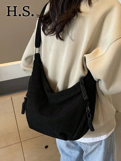 1pc Black Corduroy Crescent Moon Shaped Simplistic Lightweight Foldable Multi-Pocket Zipper Closure Crossbody Bag, Casual For Commute, Sports, School And Street Wear, Perfectly Matching With Fall Outfits Women
