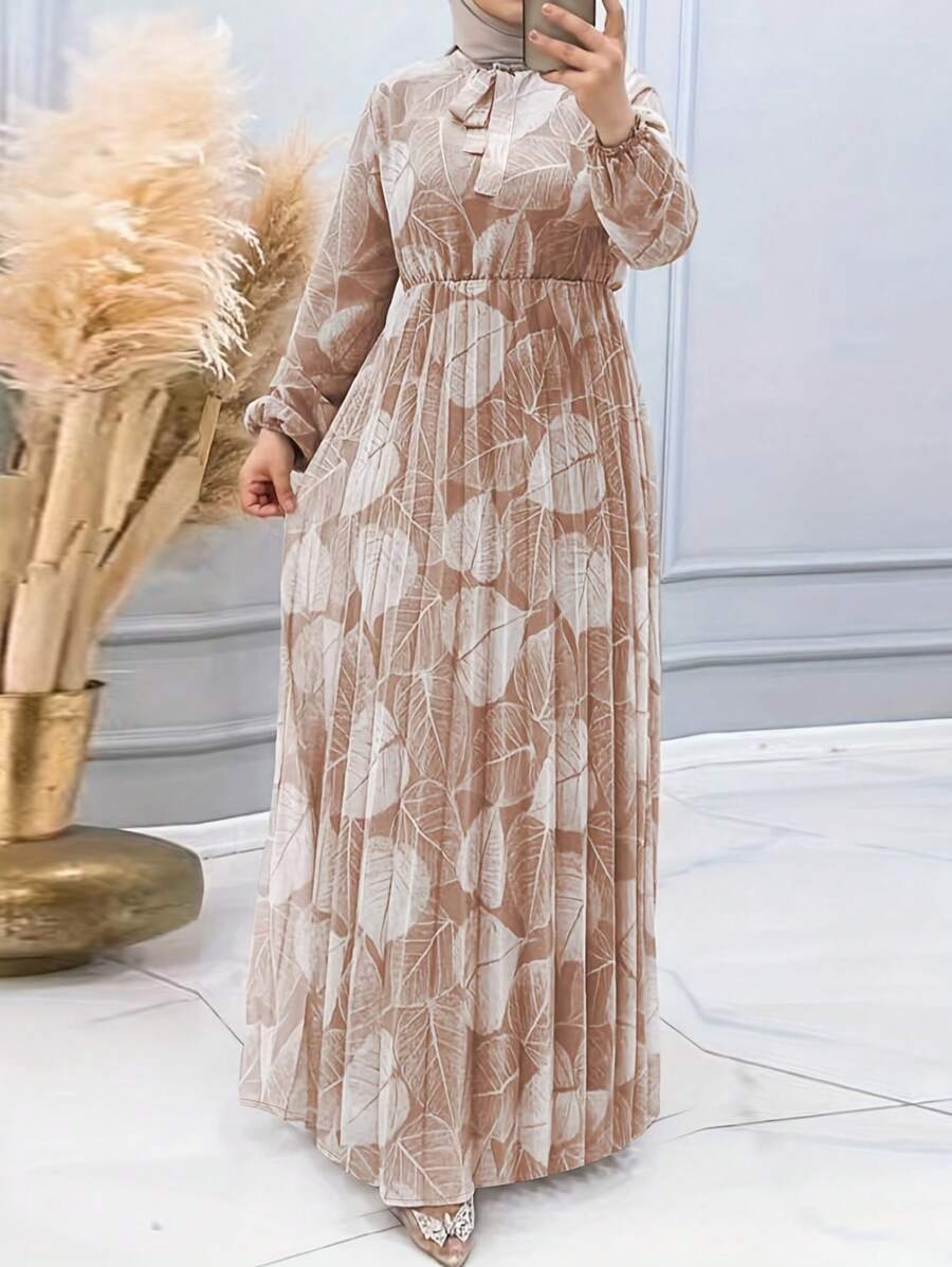 1pc Women Autumn Elegant Plant Print Loose Pleated Modest Long Sleeve Dress - Khaki - View 1