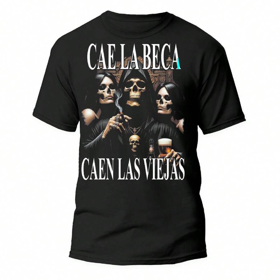 Playera Calacas Chidas. Cae La Beca, Caen Las Viejas - Negro - Ver 1